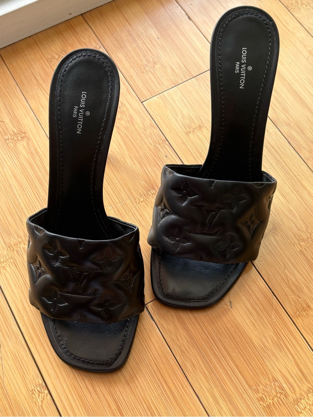 Louis Vuitton Black Embossed Monogram Slide Mules